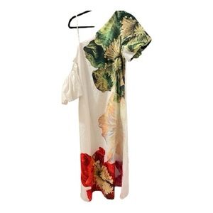 Floral One Shoulder Dress - White with Red and Green Accents